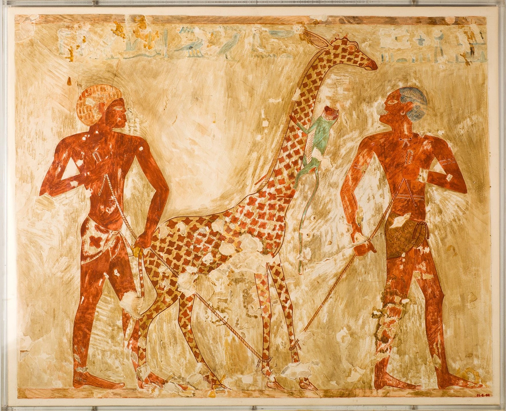 Núbios com uma girafa e um macaco. Reprodução da pintura da tumba tebana TT100, do vizir egípcio Rekhmira. A imagem encontra-se em domínio público. Disponível em: https://www.metmuseum.org/art/collection/search/544613