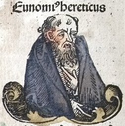 Eunômio de Cízico na Crônica de Nuremberg. Xilogravura inserida no Fólio CXXXIIIv da Sexta Idade do Mundo. Fonte: Schedel, Hartmann. Liber Chronicarum (Crônica de Nuremberg). Nuremberg: Anton Koberger, 1493, f. 133v.