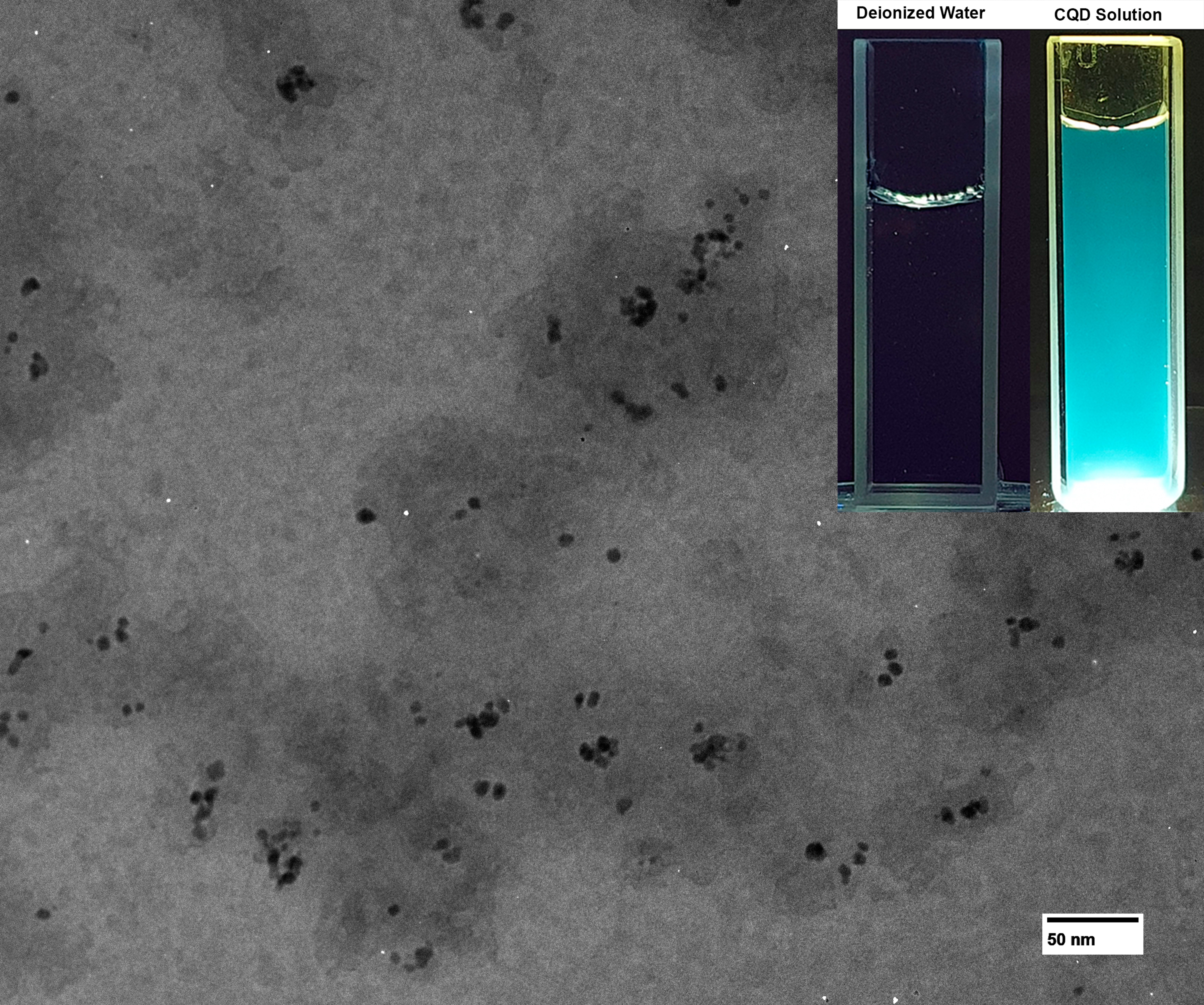  TEM image and luminescence (irradiated by UVA LED 365 nm) of the CQD solution.